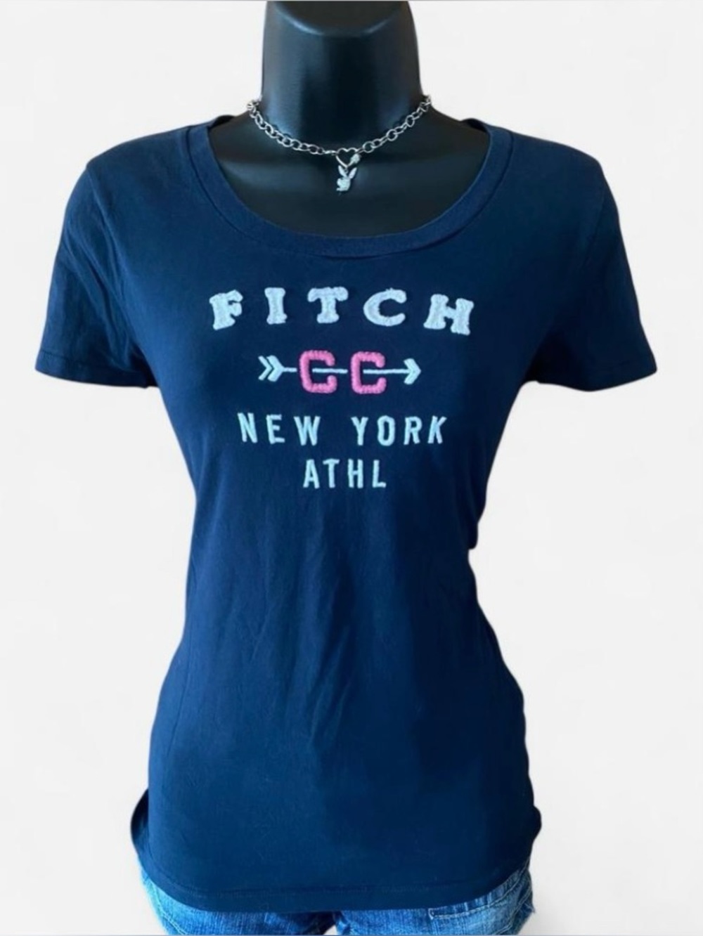 Y2k Abercrombie & Fitch Navy Blue & Hot Pink Baby Tee with Embroidered Lettering